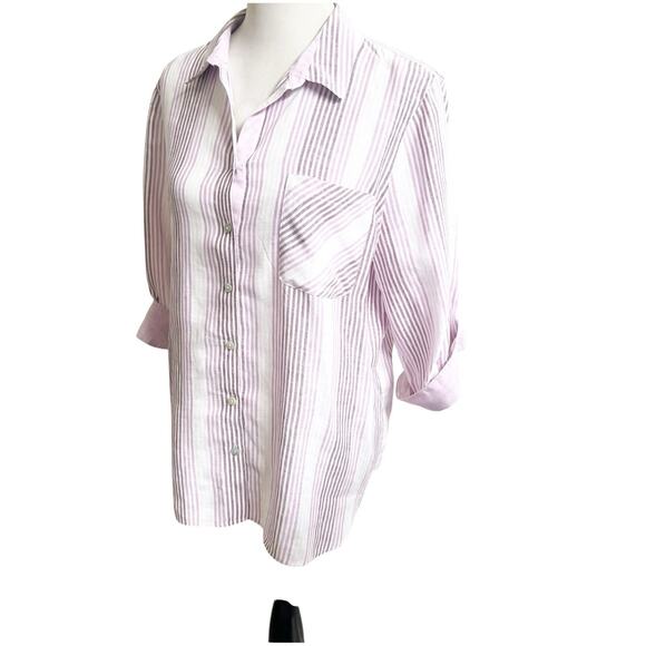 Chico’s Striped Non Iron Fresh Chic 100% Linen Button Down Size 3/XL Purple - Picture 2 of 8